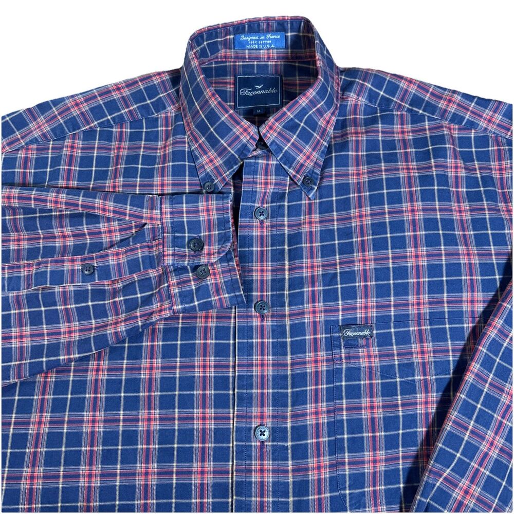 Vintage Faconnable Men’s M Blue Plaid Long Sleeve Button Down Made‎ In USA 90s